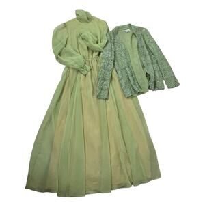 Vintage 70s Jack Bryan Chartreuse Beaded Lace Jacket & Chiffon Maxi Dress Set XS